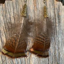 Load image into Gallery viewer, Tennessee Turkey Feather Earrings with Hammered Bronze Cap