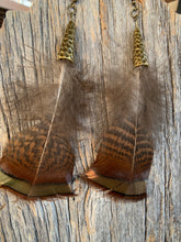 Load image into Gallery viewer, Tennessee Turkey Feather Earrings with Hammered Bronze Cap
