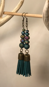 Teal Tassel Earrings with Luster Beads