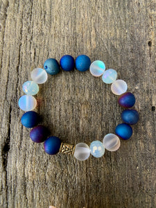Blue Druzy Agate, Synthetic Opal & Glass Faceted Beaded Bracelet