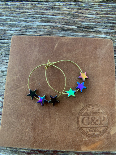 Tri-Star Hematite Gold Hoop Earrings