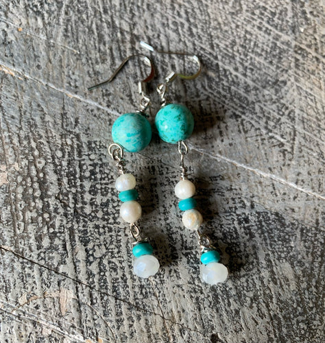 Turquoise, Freshwater Pearl & Glass Faceted Earrings