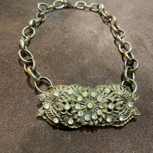 Antique Brass Linked Chain with Vintage Crystal Broach