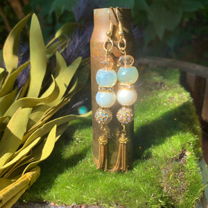 “Tannera” Glass Faceted & Gold Metal Tassel Earrings