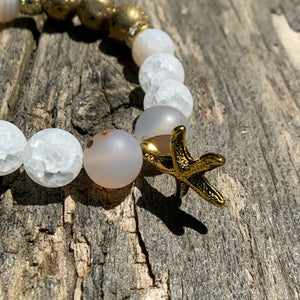 Marine Chalcedony, Matte Crackle Agate & Gold Druzy Agate Beaded Bracelet with Starfish Charm