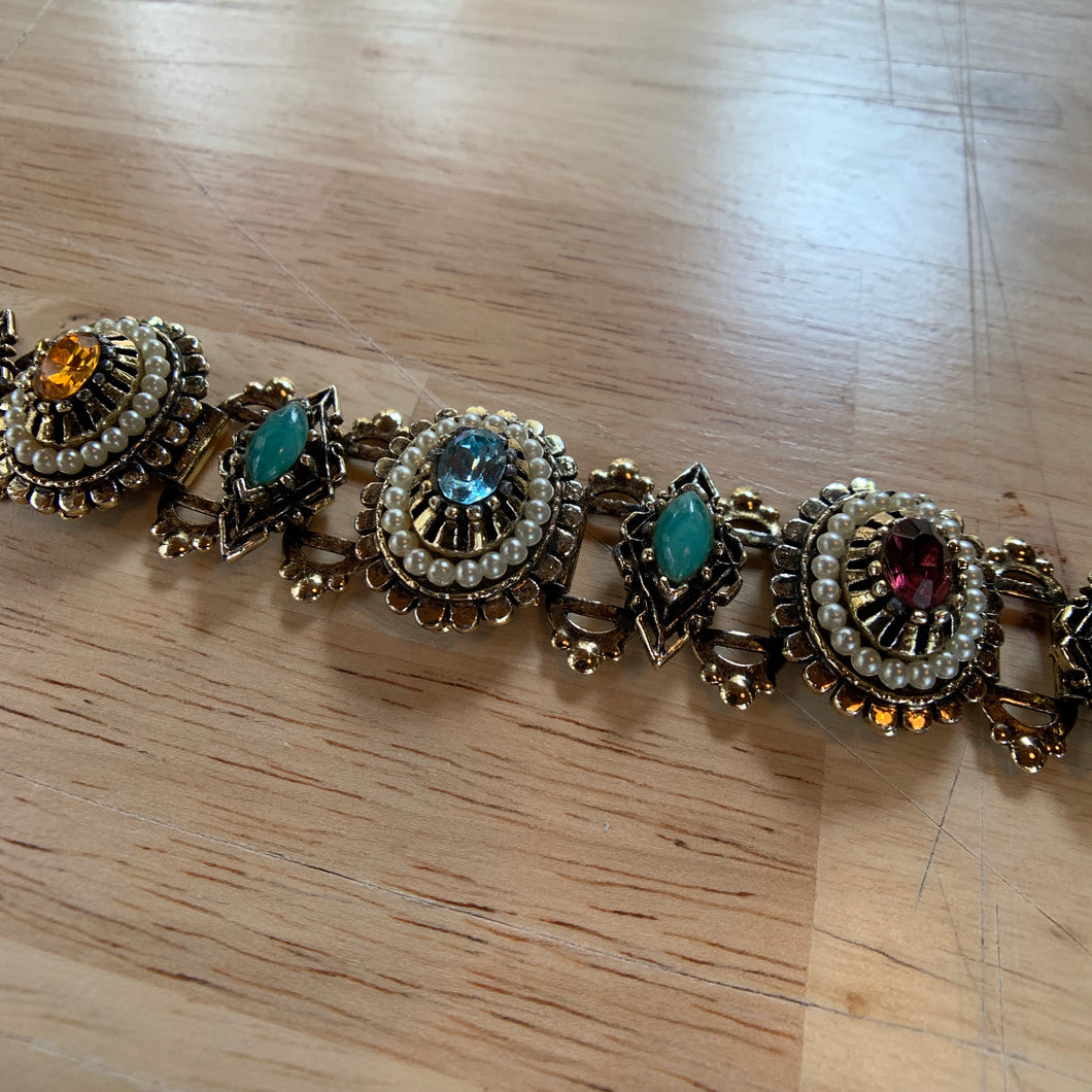Vintage Victorian Style Gold & Jeweled Cocktail Bracelet