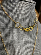 Load image into Gallery viewer, The 18 kt Gold Plated  Lobster Clasps on this chain measure 14 mm.  They are attached with &quot;Split Rings&quot; (similar to a keychain ring), providing you the option of removing either clasps when wearing as a necklace. Or, just keep them both on and when wearing as a necklace, just attach as pictured here. 