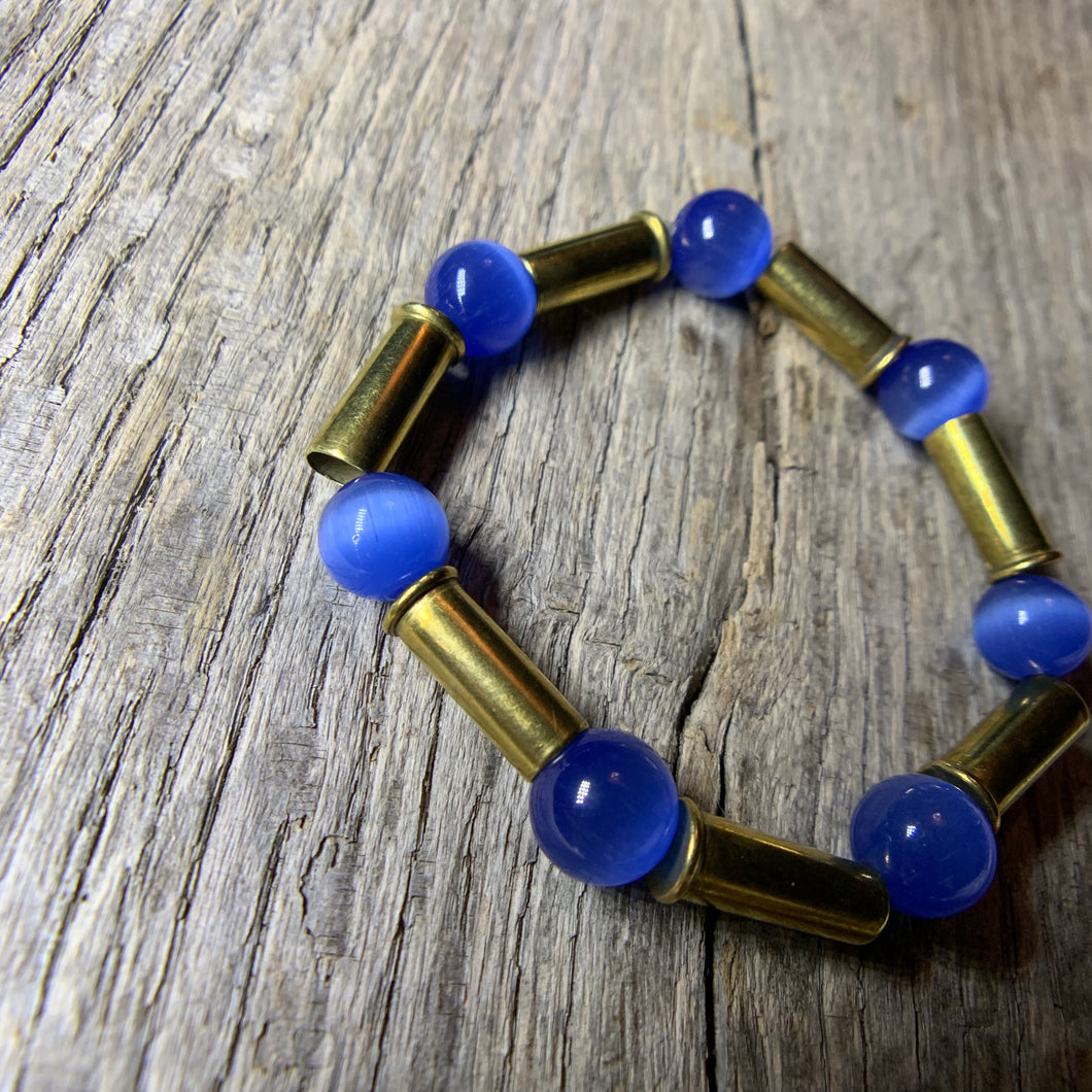 Vibrant Blue Glass Beaded & Brass Bullet Casing Bracelet