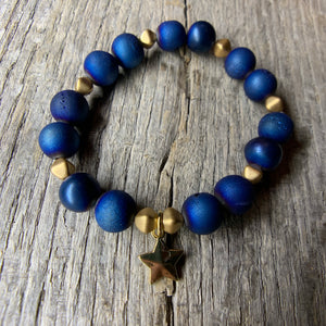 Blue & Gold Beaded Bracelet with Gold Star Charm