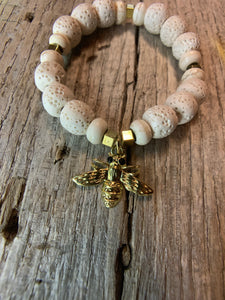 Rough Agate White Beaded Bracelet with Gold Bee Charm