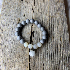 Silver Iris Agate Druzy & White Crackle Agate Beaded Bracelet with Large Agate Druzy Charm