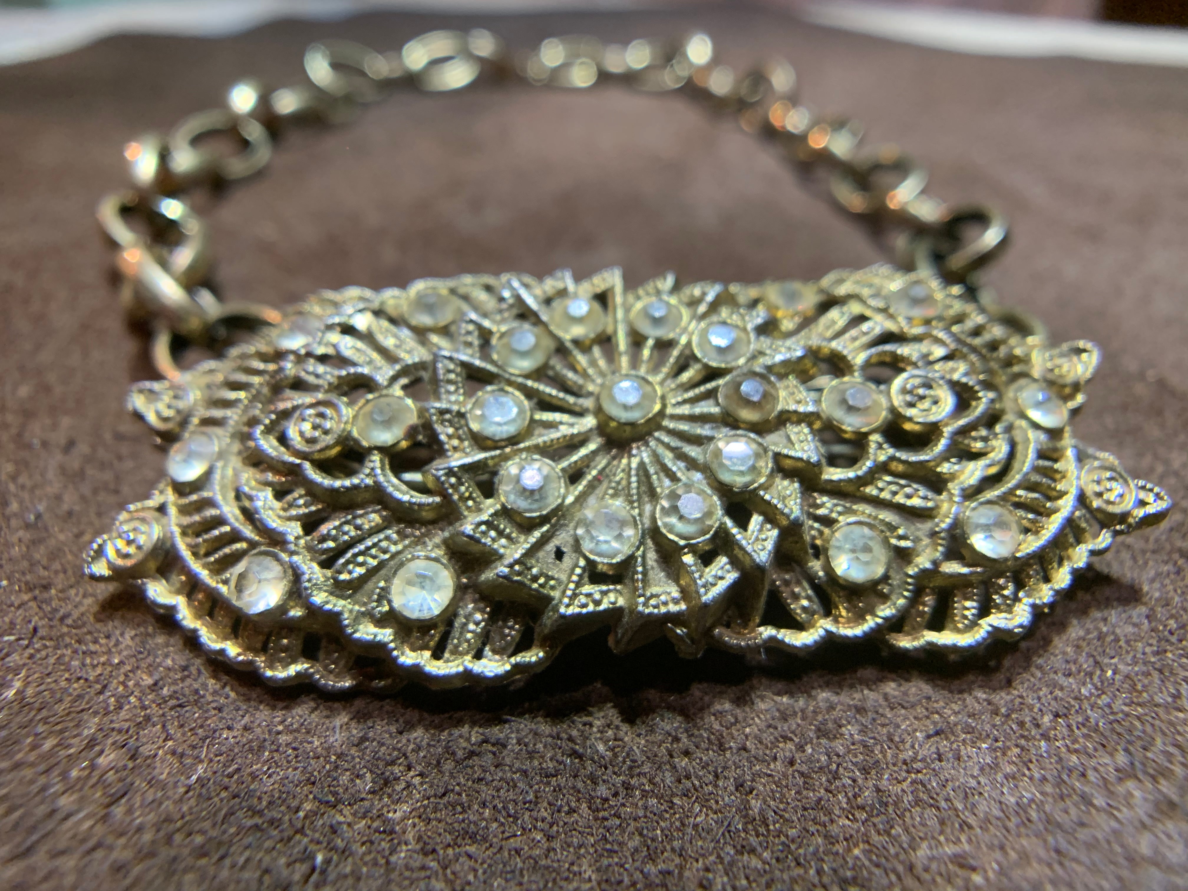 Antique Brass Linked Chain with Vintage Crystal Broach