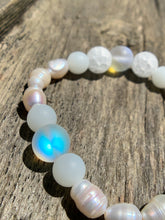 Load image into Gallery viewer, White Fresh Water Pearls, White Crackle Agate &amp; Magic “Opal” Beaded Bracelet with Silver Shell Charm