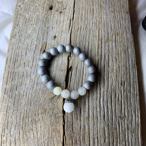 Silver Iris Agate Druzy & White Crackle Agate Beaded Bracelet with Large Agate Druzy Charm