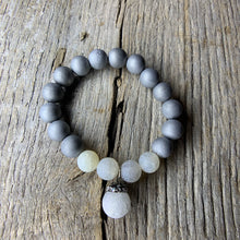 Load image into Gallery viewer, Silver Iris Agate Druzy &amp; White Crackle Agate Beaded Bracelet with Large Agate Druzy Charm