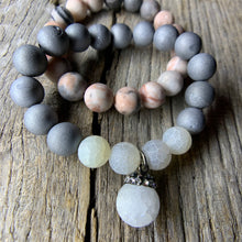 Load image into Gallery viewer, Silver Iris Agate Druzy &amp; White Crackle Agate Beaded Bracelet with Large Agate Druzy Charm