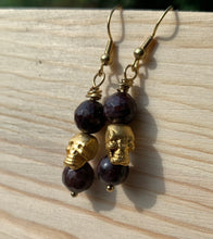 Load image into Gallery viewer, Garnet &amp;  Gold Skull Earrings