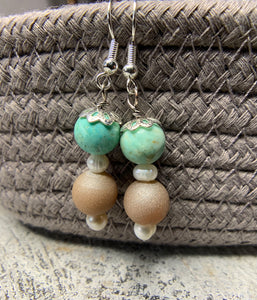 Turquoise, Freshwater Pearls & Champagne Stone Earrings