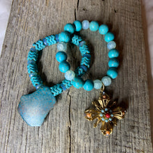 Load image into Gallery viewer, Turquoise &amp; Glass Beaded Bracelet with Vintage Pendant Charm