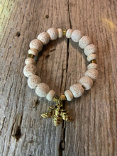 Load image into Gallery viewer, Rough Agate White Beaded Bracelet with Gold Bee Charm