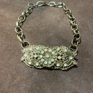 Antique Brass Linked Chain with Vintage Crystal Broach