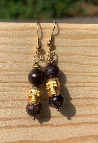 Garnet &  Gold Skull Earrings