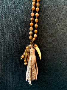 Hand Strung Beaded Necklace with Leather Tassel and Bullet