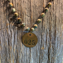 Load image into Gallery viewer, Hand Strung Agate Beaded Necklace with Vintage Brass Tag