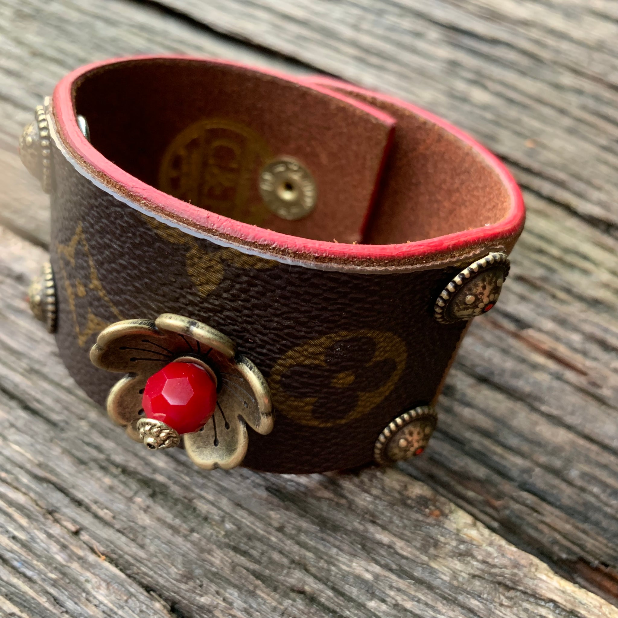 Authentic re-purposed Louis Vuitton cuff bracelet with floral