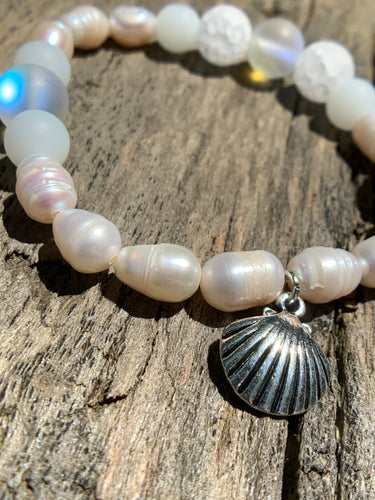White Fresh Water Pearls, White Crackle Agate & Magic “Opal” Beaded Bracelet with Silver Shell Charm