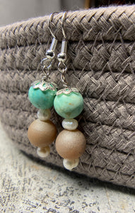 Turquoise, Freshwater Pearls & Champagne Stone Earrings
