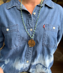 916 Brass Tag & Turquoise Beaded Necklace