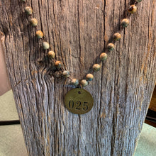 Load image into Gallery viewer, Hand Strung Agate Beaded Necklace with Vintage Brass Tag