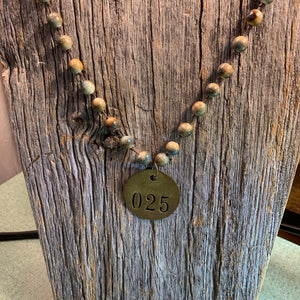 Hand Strung Agate Beaded Necklace with Vintage Brass Tag