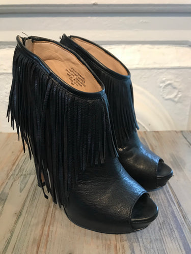 Fringed Leather Peep-Toe Booties
