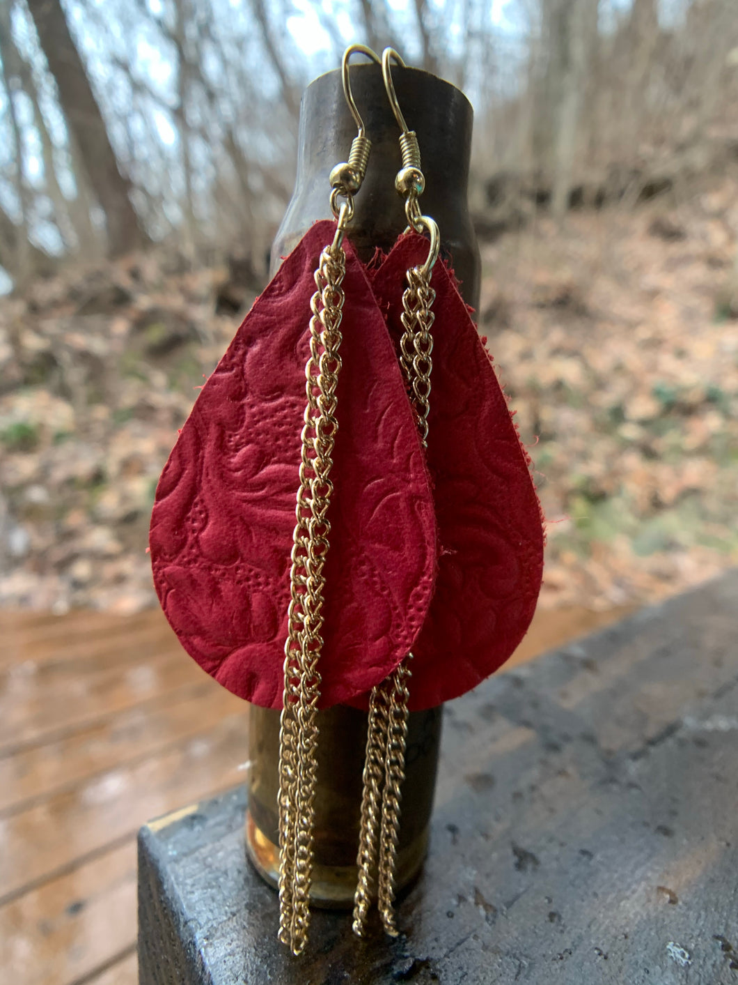 Red Embossed Leather Earrings with Gold Chain Accent