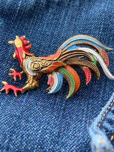 Colorful Vintage Damascene Rooster Brooch