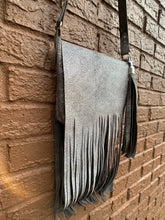Load image into Gallery viewer, “The Gypsy” Crossbody Fringed Bag In Silver Pigskin