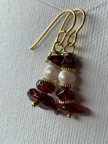 Raw Garnet & Freshwater Pearl Earrings