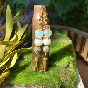 “Tannera” Glass Faceted & Gold Metal Tassel Earrings