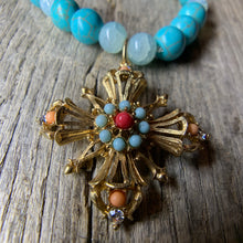 Load image into Gallery viewer, Turquoise &amp; Glass Beaded Bracelet with Vintage Pendant Charm