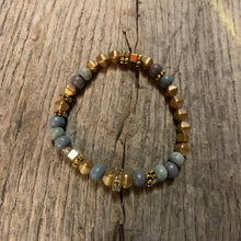 Load image into Gallery viewer, Delicate Gold Metal &amp; Iris Wooden Beaded Bracelet