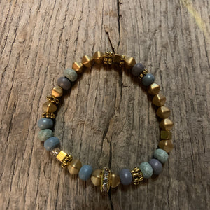 Delicate Gold Metal & Iris Wooden Beaded Bracelet