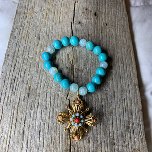 Turquoise & Glass Beaded Bracelet with Vintage Pendant Charm