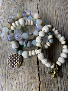 Rough Agate White Beaded Bracelet with Gold Bee Charm