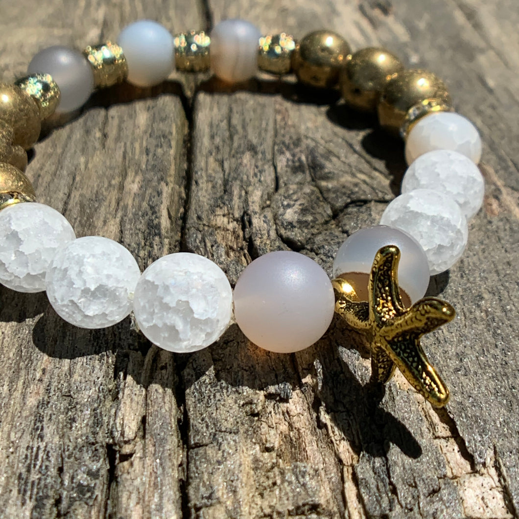 Marine Chalcedony, Matte Crackle Agate & Gold Druzy Agate Beaded Bracelet with Starfish Charm