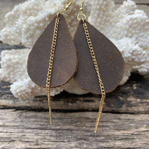 Rustic Leather Earrings with Gold Chain Accent