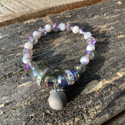 Silver Druzy Agate, Faceted Glass & Rhinestone Beaded Bracelet