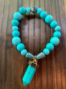 Turquoise Wooden & Metal Beaded Bracelet with Turquoise Charm