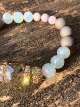 Load image into Gallery viewer, Silver Faceted Glass, Mother of Pearl &amp; Rhinestone Beaded Bracelet